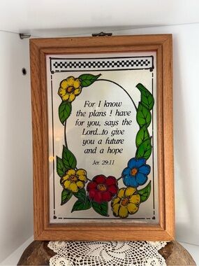 Vintage Hand-Painted Glass Art Suncatcher with a Bible Verse